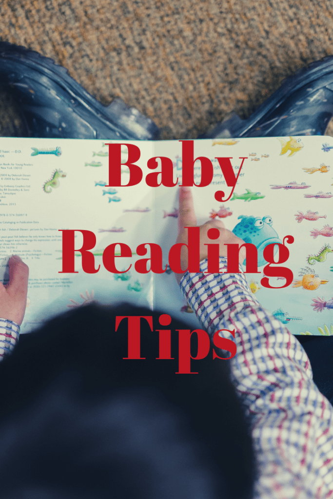 a baby reading a baby book to himself with text "baby reading tips"