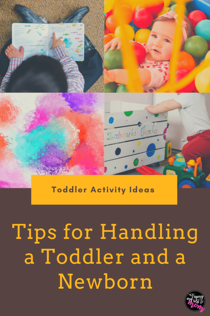small children reading books and playing with toys with text that says tips fdling a toddler and a newbornor han
