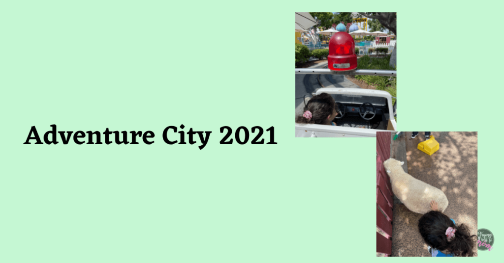 a toddler petting a sheep and the siren on top of a firetruck with text adventure city 2021