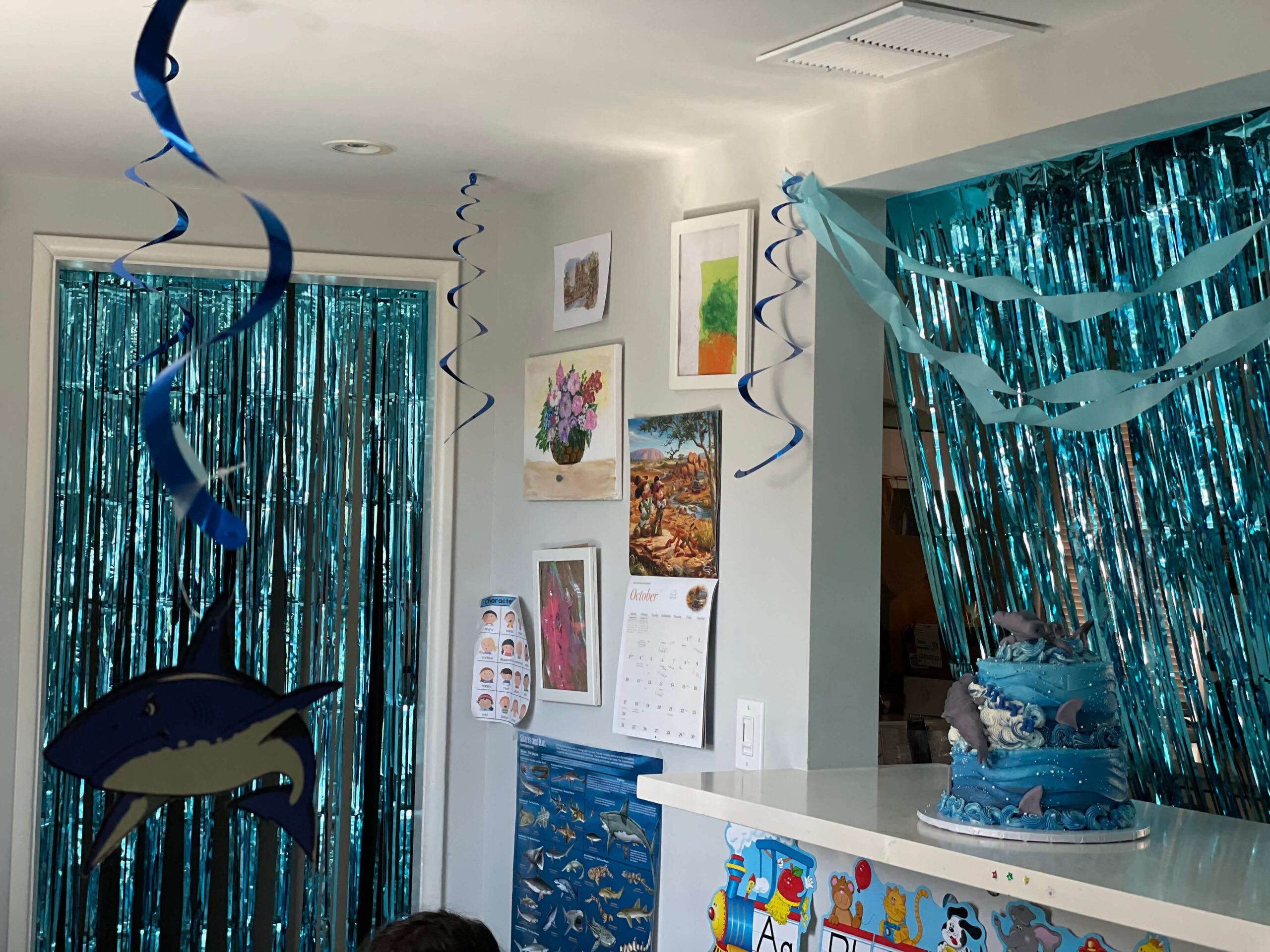shiny blue streamers hanging in a doorway and a shark cake on a counter