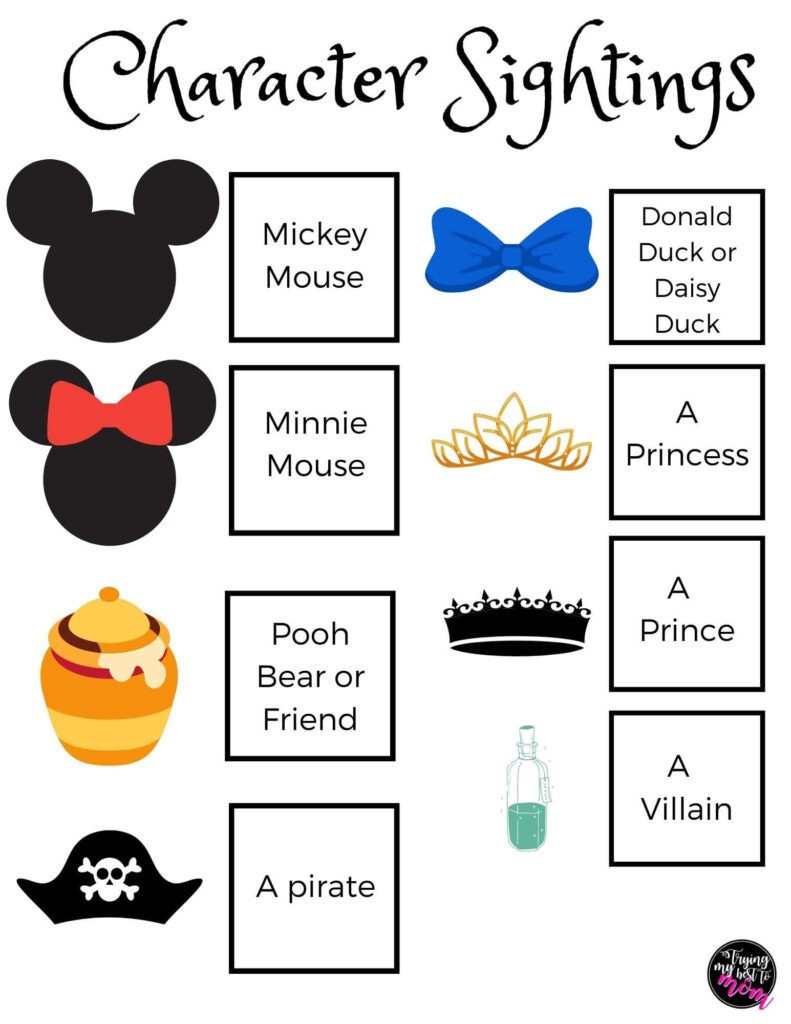clipart of mickey mouse, minnie mouse, honey pot, pirate hat, blue bow tie, princess crown, black crown, and a potion bottle. titled character sightings