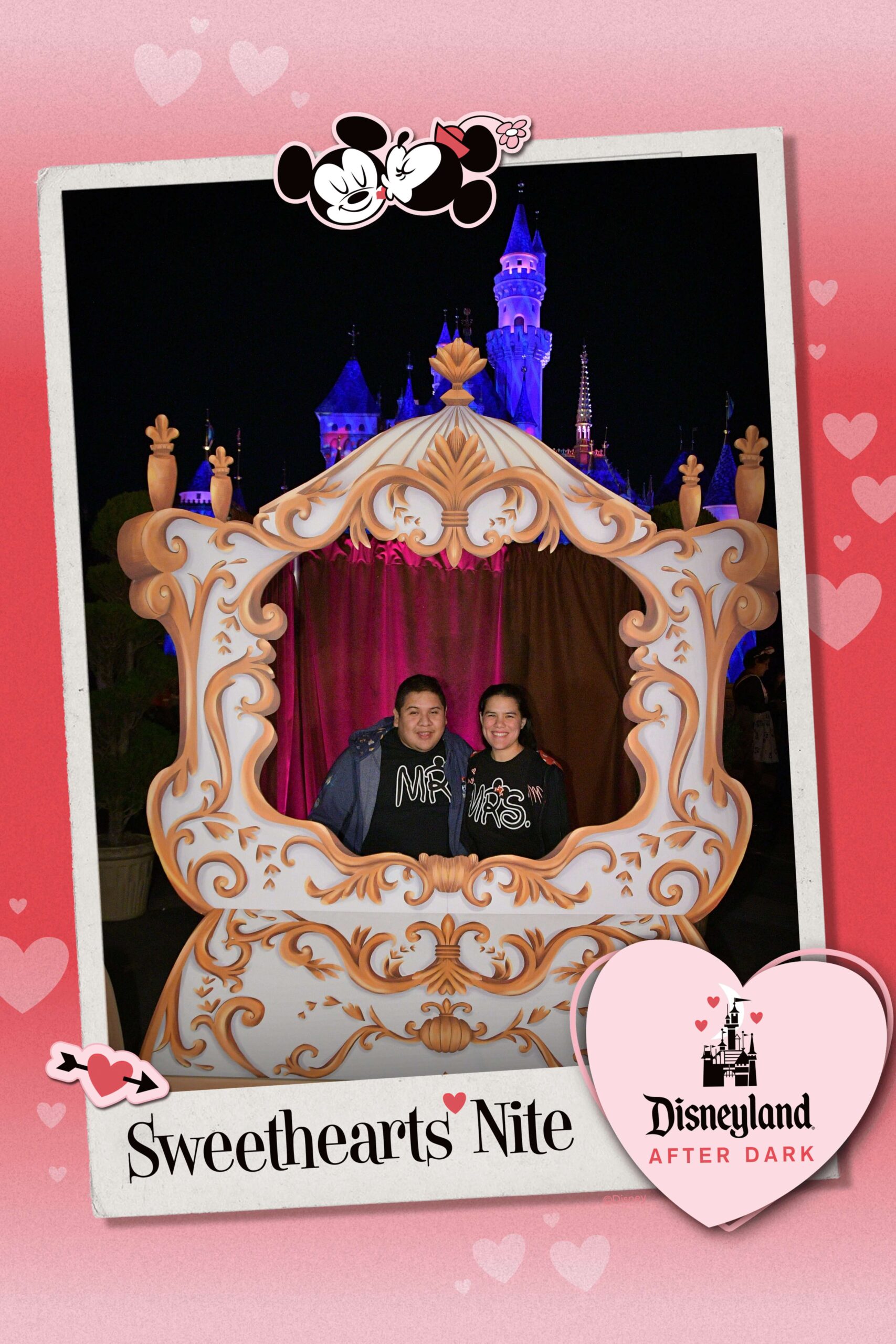 becky and husband sitting inside a cinderella coach cutout with sweethearts nite disneyland after dark decorative frame around the picture