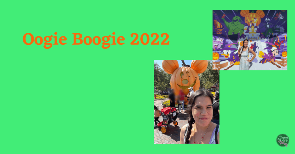a picture of becky posing in front of a halloween mural, a picture of becky posing in front of a mickey pumpkin head on main st, and text oogie boogie 2022