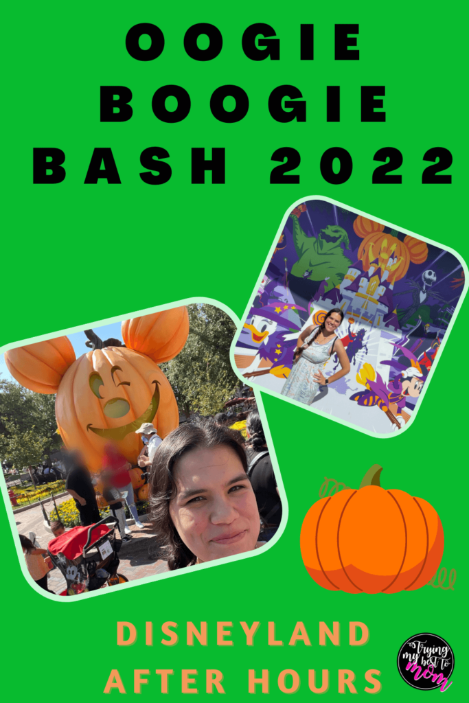 a picture of becky posing in front of a halloween mural, a picture of becky posing in front of a mickey pumpkin head on main st, and text oogie boogie 2022