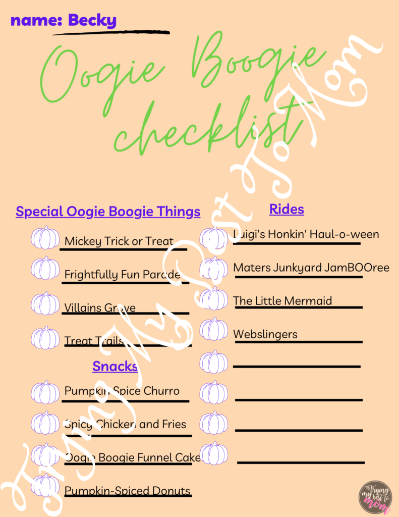 header says oogie boogie checklist, there are headers on top of checklists named rides, snacks, special oogie boogie things