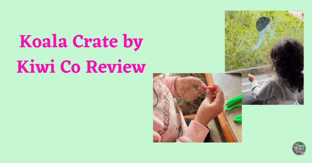 Lily playing with a blue jellyfish toy on the window and stringing a bead onto a pipe cleaner, with a title over both pictures that says koala crate by kiwi co review